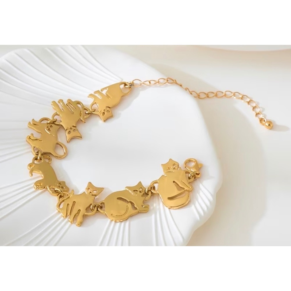 Cat Charm Link Bracelet Women 7" Gold Tone Animal Theme Jewelry New